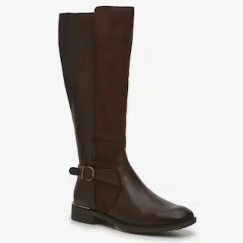 Tamaris Lavina brown leather and suede knee high boot with buckle detail…